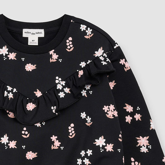 Pink Flowers Print on Black Fleece Sweatshirt