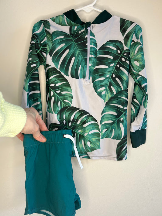 pre-loved :: 4-5T Green Palm 2pc Swim Set by Honeysuckle Swim Co.