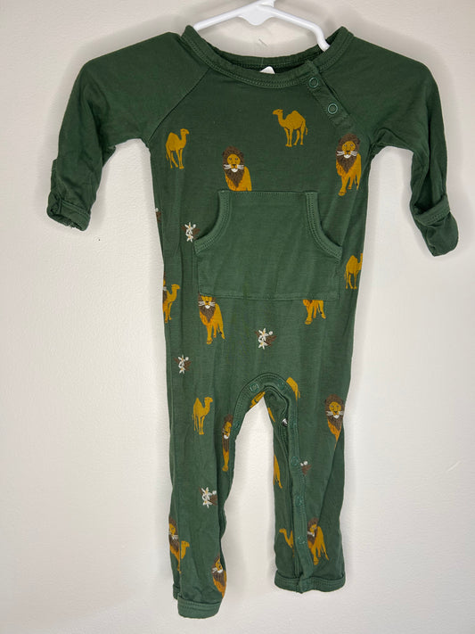 pre-loved :: 0-3M Green Camel/Lion Pant Romper by Kyte