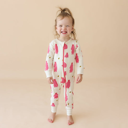 Organic 2-Way Zip Romper - Pink Bears