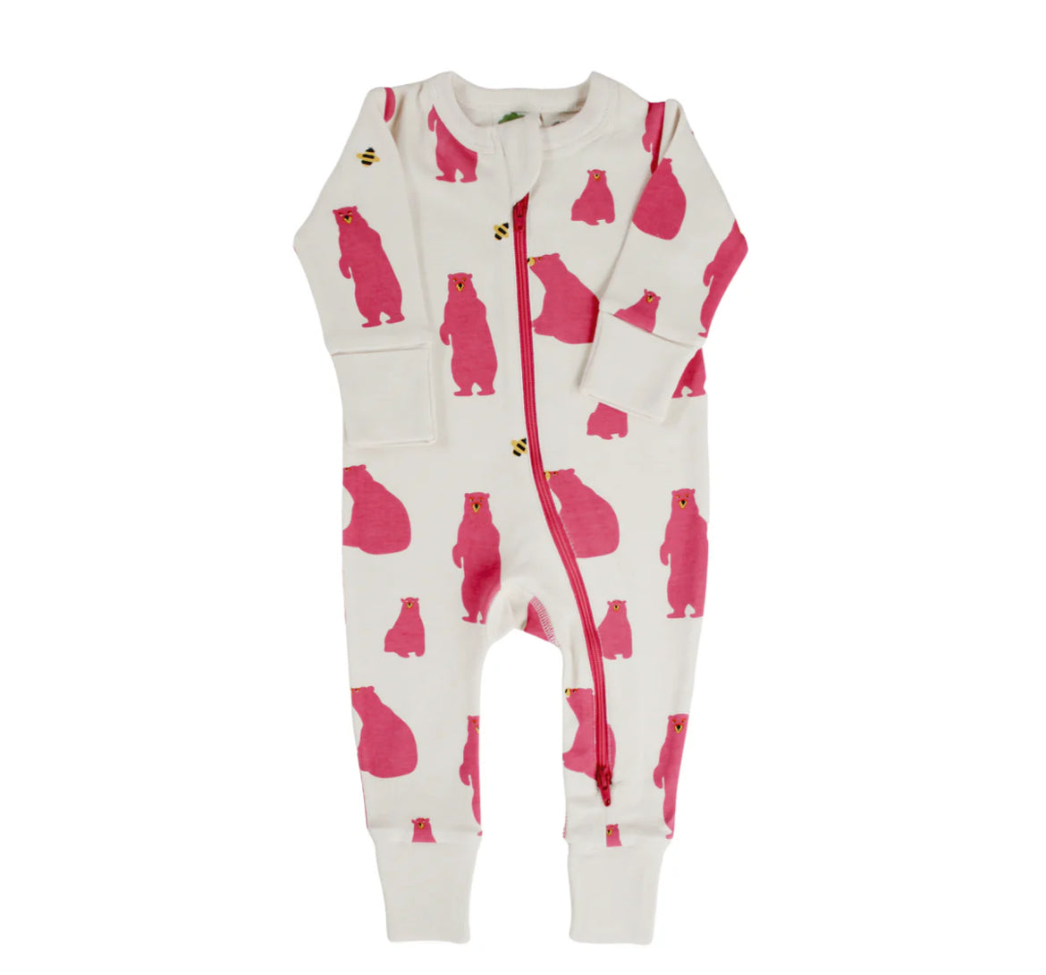 Organic 2-Way Zip Romper - Pink Bears